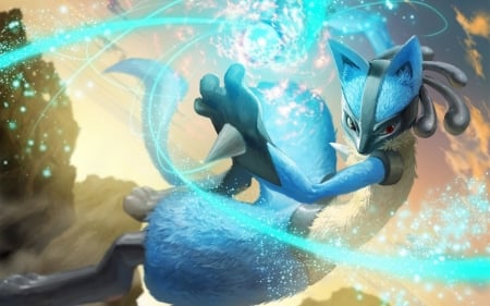 Pokemon - pokemon, fight, luminos, blue, creature, anime, fantasy, manga