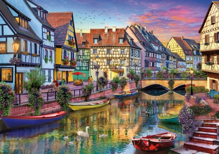 Colmar Canal - painting, art, luminos, colmar canal, water, pictura, summer, boat