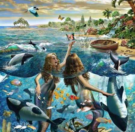 Mermaids - bird, water, summer, blue, girl, sea, adrian chesterman, children, copil, pictura, fantasy, mermaid, painting, fish, art, luminos