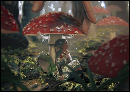 Hiding - pine yellowpine112, mushroom, girl, rain, wet, fantasy, art, hand, red, anime, fairy, manga