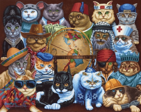 Cats around the world - cat, pictura, pisica, world, funny, painting, dowdle, art, luminos