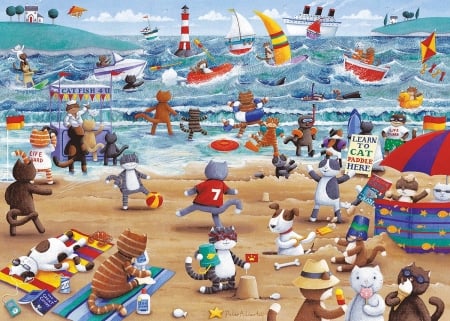 Cats on holiday - summer, beach, funny, peter adderley, sea, art, cat holiday