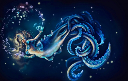 Squid Mermaid - woman, girl, squid, original, fantasy, art, beautiful, mermaid, blue, digital, artistic