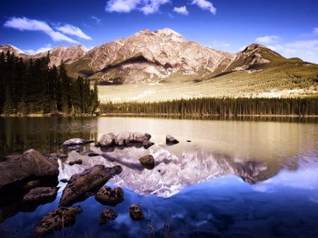 Horizontal Reflection - clouds, trees, Nature, lake, horizontal, reflection, mountain