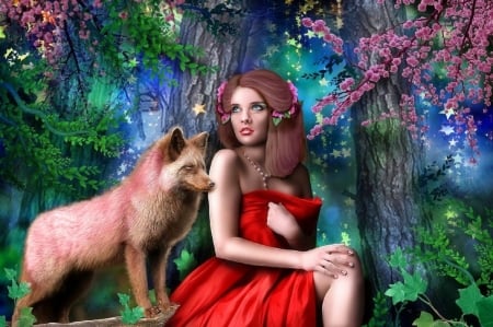 ~Beautiful with Fox~ - woman, photomanipulation, girl, fantasy, creative pre-made, fox, love four seasons, woods, weird things people wear, digital art, flowers