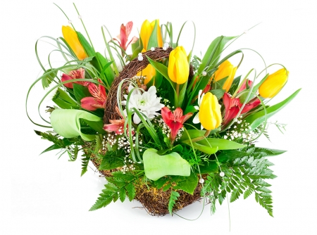 Bouquet - leaves, tulips, basket, flowers