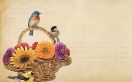 Basket Of Flowers and Birds - flowers, sweet, floral, basket, birds