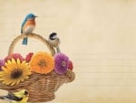 Basket Of Flowers and Birds