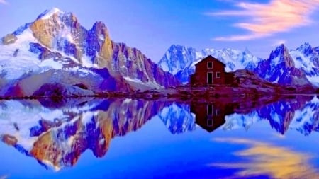 Lake Mountains - house, alps, nature, snow, lake, mountains, reflection