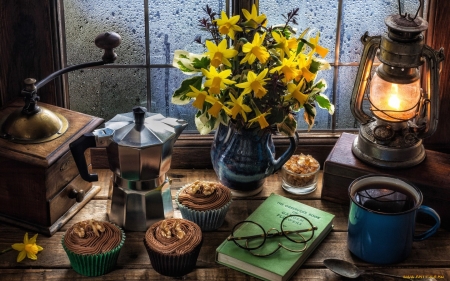 Still Life with Daffodils - coffee, window, lamp, daffodils, still life