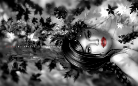 Beauty - rendering, girl, lips, bw, black, fantasy, white, luminos, red