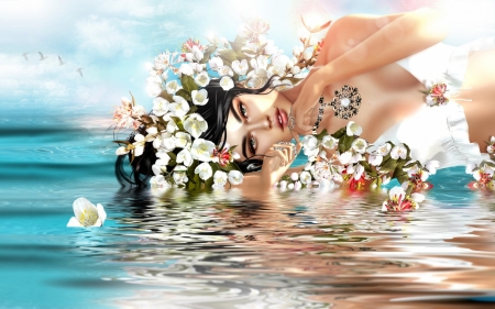 Beauty - fantasy, wreath, water, summer, rendering, girl, flower, luminos