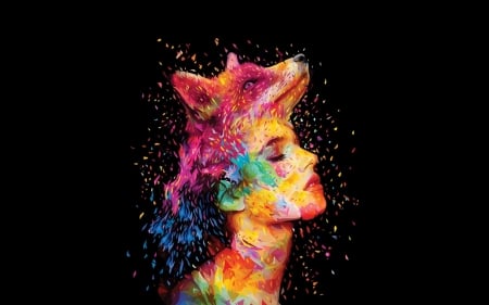 Fox girl - abstract, vulpe, fox, portrait, girl, pink, black, colorful, fantasy, animal, face, art, luminos