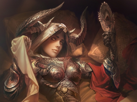 Demon hunter - art, girl, luminos, fantasy, armor, hunter, horns, demon