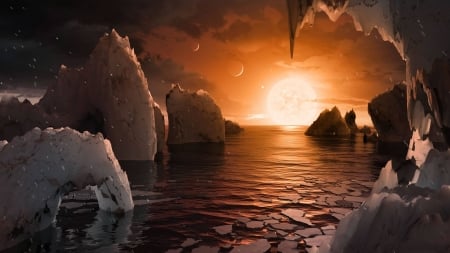 Artistic Impression The Surface of TRAPPIST 1f - space, moon, fun, ocean, cool, sun