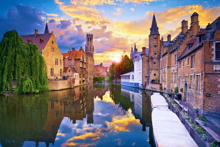 Bruges, Belgium - sky, river, city, sunset, old, buildings, boat