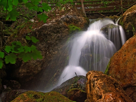 Waterfall Noise - nature, trees, moss, waterfall, bridge