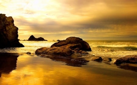 Yellow Light of the Sun - nature, sky, beach, yellow, rocks, lights