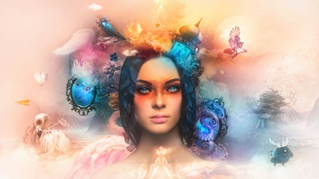 Metamorphosis - dace, blue, girl, orange, metamorphosis, colorful, fantasy, woman, art, stellartcorsica