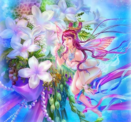 Flower Fairy - pretty, stephanotis, blue, beautiful, girl, lovely, flowers, fantasy, white, digital, woman, fairy, art