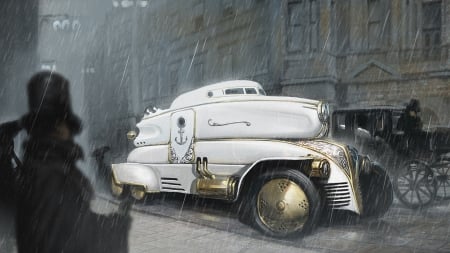 Steampunk Car in the Rain - Rain, Fantasy, Steampunk, Car