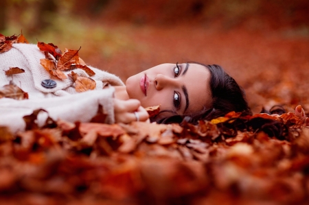 Fall Woman - Woman, Female, People, Leaves, Beautiful, Sweater, Fall, Brunette, Pretty, White, Makeup, Brown Eyes, Models