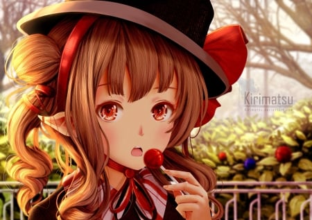 Sweet lollipop - dwiky, sigit, elf, hat, girl, face, candy, bow, anime, manga, lollipop