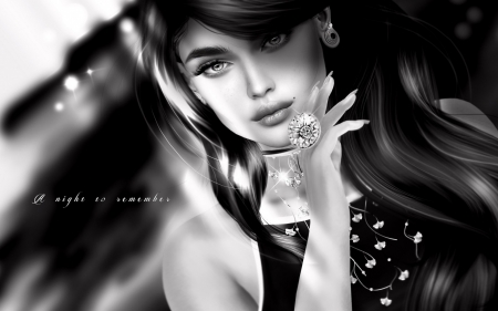 Beauty - girl, black, fantasy, white, hand, rendering, bw, ring, luminos