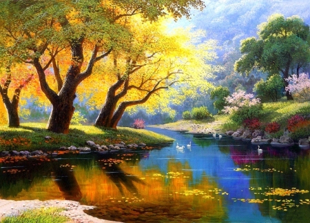 Kingdom of Colorful - summer, love four seasons, attractions in dreams, valley, heaven, parks, rivers, swans, trees, nature, paradise, paintings, colorful