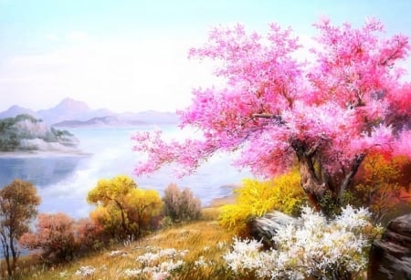 Pink on the Riverside - attractions in dreams, trees, paradise, colorful, summer, mountains, spring, mist, heaven, nature, love four seasons, pink, rivers, paintings