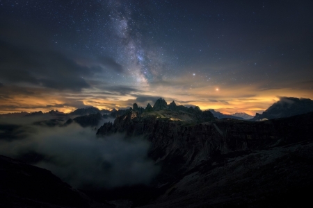 Foggy Mountains under Starry Sky - Mountains, Nature, Clouds, Stars, Fog, Sky, Sunsets