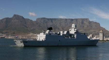 WORLD OF WARSHIPS  Dutch Frigate FFG 802 De Zeven Provincien arrival at Cape Town South Africa - 30 knots speed, missiles in VLS, 127mm DP gun forward, 473 ft length, 6050 tonnes, advanced search radar, Table Mountain, 232 crew