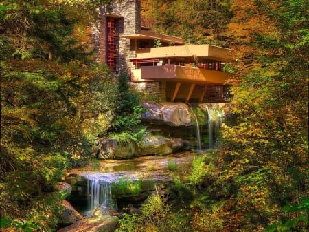 House Above Waterfall - nature, forest, trees, house, waterfall