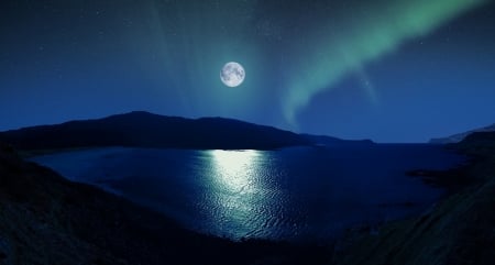 MOONLIT AURORA - MOUNTAINS, WATER, AURORA, REFLECTION, NIGHT, BLUE, MOONLIGHT