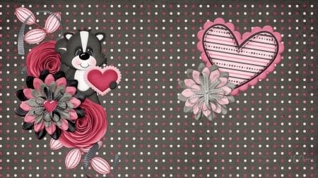 Little Stinky - polka dots, collage, ribbons, dots, hearts, skunk, flowers, cute, firefox persona theme