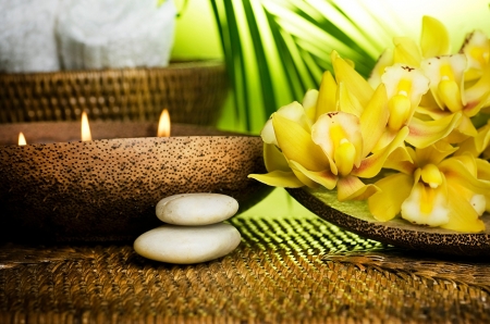 Spa - yellow, wallness, spa, flowers, stones