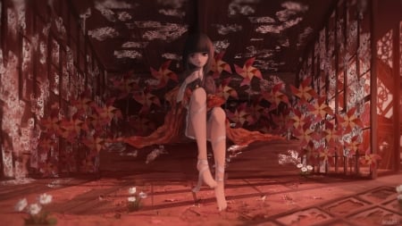 Alone - manga, anime, realistic, legs, red, girl, kimono, flower