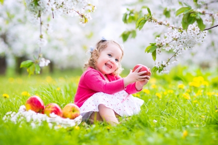 Little girl - girl, spring, flower, copil, child, smile, green, fruit, cute, little, apple