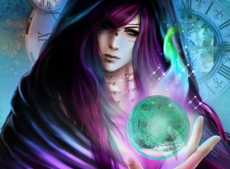 Sorceress - sorceress, ball, girl, magical, fantasy, purple, hand, green, luminos