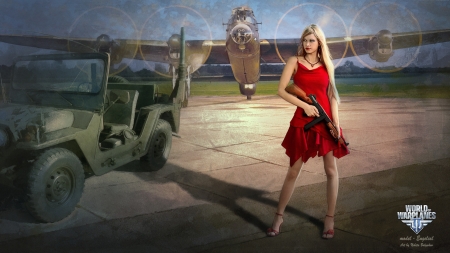 World of Warplanes - Woman and Plane - woman, video, game, jeep, warplanes, plane, world