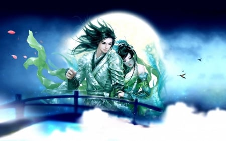 Fantasy couple - wind, girl, luna, fantasy, moon, asian, luminos, couple, man