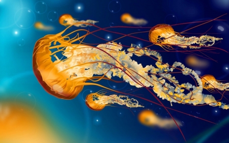 Jellyfish - summer, fantasy, orange, jellyfish, luminos, blue, art, underwater