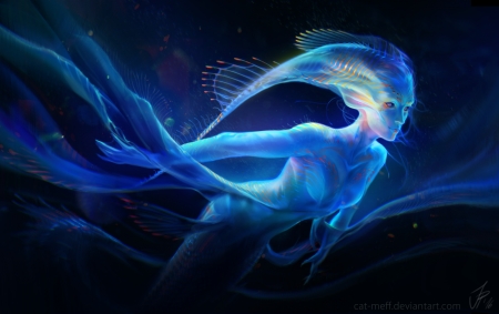 Jellyfish girl - black, jellyfish, fantasy, summer, blue, girl, luminos