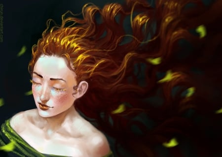 Tessa - chirun, fantasy, wind, redhead, freckles, girl, art, luminos