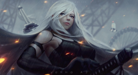 Fantasy girl - art, grey, girl, luminos, guweiz, fantasy, black