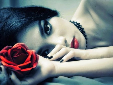 Red Rose - woman, models, female, people, rose, makeup, pretty, beautiful, red, brunette