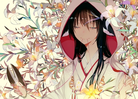 Girl - manga, anime, vantelin, kimono, flower, lily