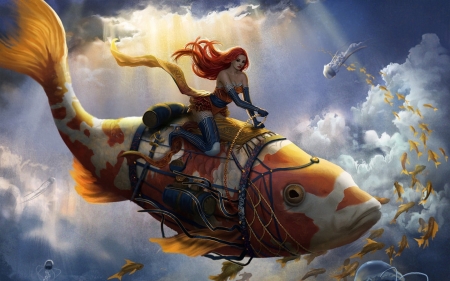 Fish rider - sky, redhead, girl, summer, fantasy, art, cloud, blue, luminos, koi, fish, orange, rider