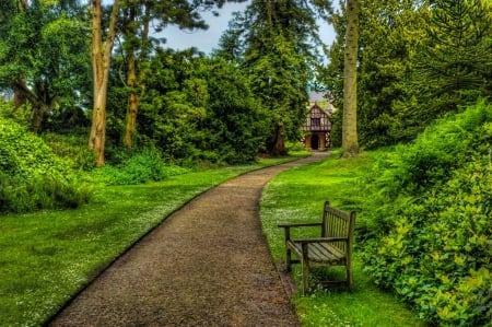 English garden - park, greenery, walk, beautiful, alley, house, shrubs, grass, garden, english