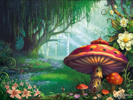 Enchanted forest - mushrooms, fantasy, art, forest